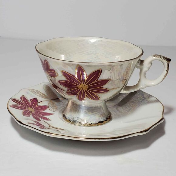 Nasco Teacup and Saucer Pink Flowers Opalescent Vintage - Picture 2 of 10